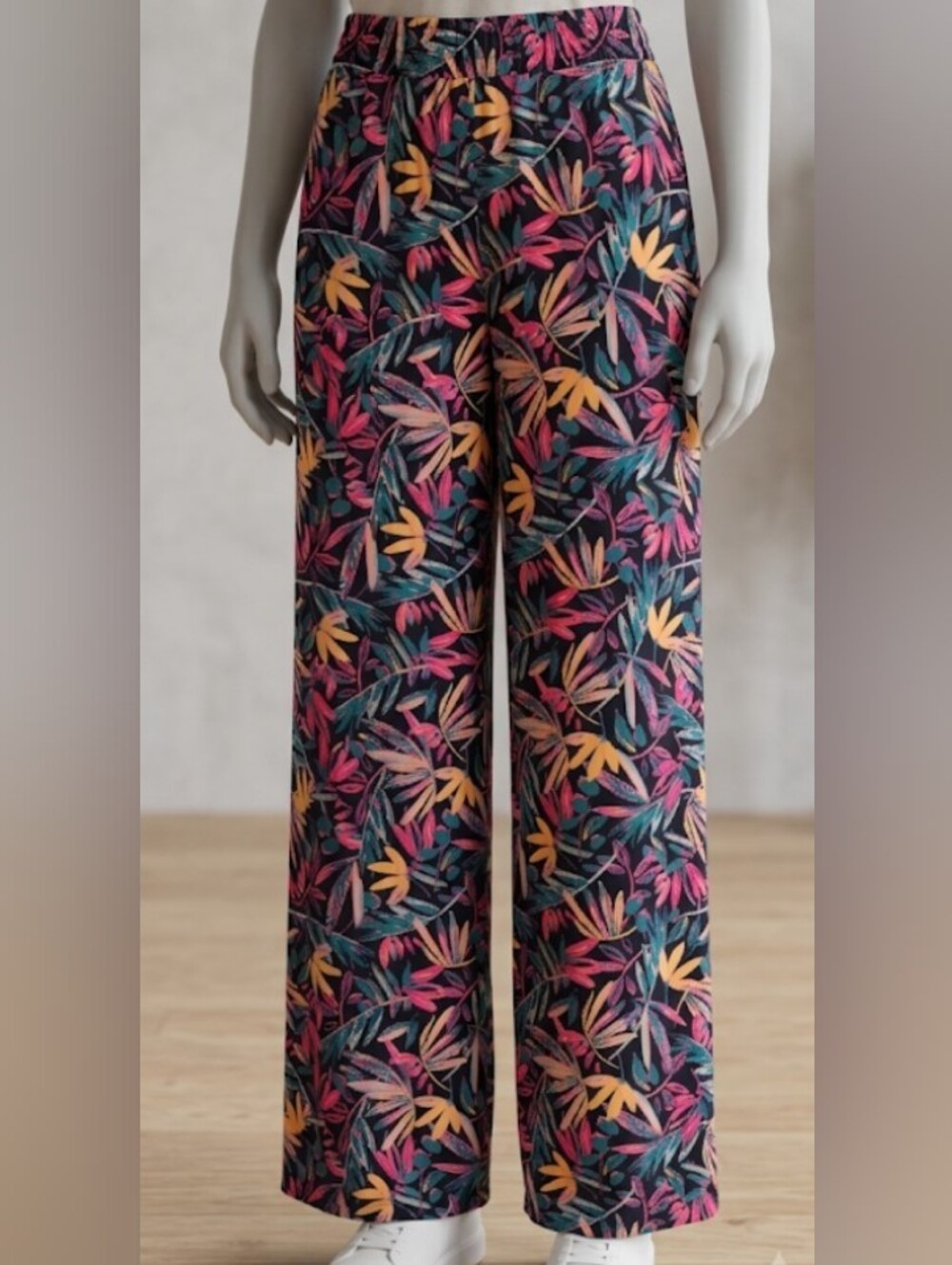 Esmara Black Tropical Floral Print Palazzo Pants Teal Pink (Sz 10) Resort Beach